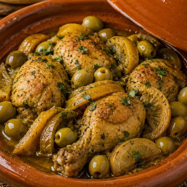 Tajine Poulet Citron Confit / Pommes De Terre Ou Frites / Olives